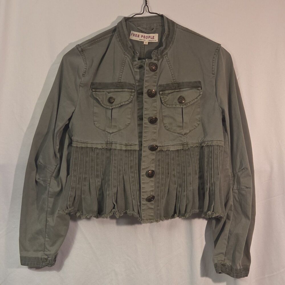 Free People Cassidy Olive Pleated Button Denim Jacket XS